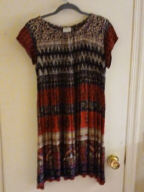 Boho Red Patterned Short Sleeve Midi Dress/Tunic